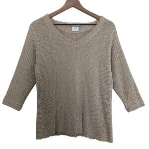 Vintage Nino Wong Linen Blend Knit Textured 3/4 Sleeve V-Neck Cut Off Blouse Top